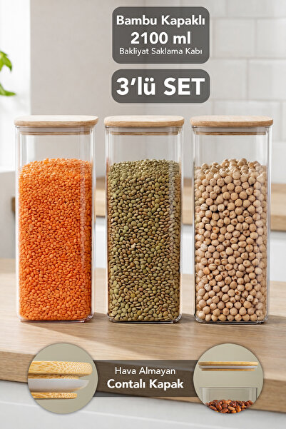 Meleni Home حاوية تخزين مربعة الشكل من أورا بغطاء من الخيزران - سعة 2100 مل مع غطاء محكم الغلق للحبوب والبقوليات