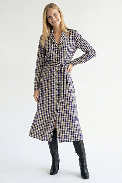 Exquise Geometric Pattern Waist Detail Long Sleeve Midi Shirt Dress