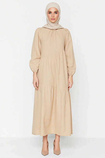 BENERLY Women's Crew Neck Drawstring Sleeve Loose Fit Maxi Woven Dress Functi...