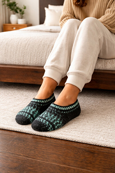 Uzmanistan Handmade Wool Booties – Black & Mint Green Patterned, Winter Women...
