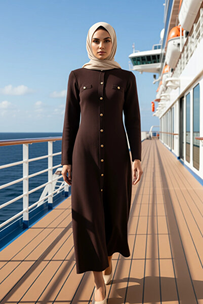 BENERLY فستان نسائي تريكو بأكمام قياسية وياقة دائرية، مقاس ماكسي، تصميم على ش...