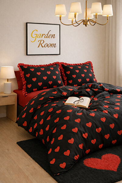 GÖRMEZ TEKSTİL Soft Cotton Double Size Leyla - Black Ruffled Duvet Cover Set