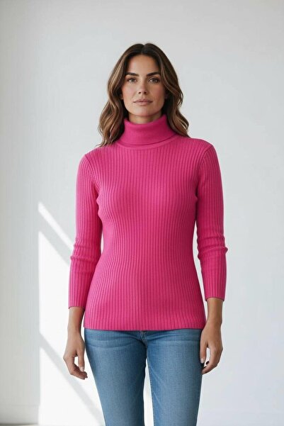 Miss Poem Women's Fuchsia Corded Fabric Turtleneck Slim Fit Knitwear Sweater