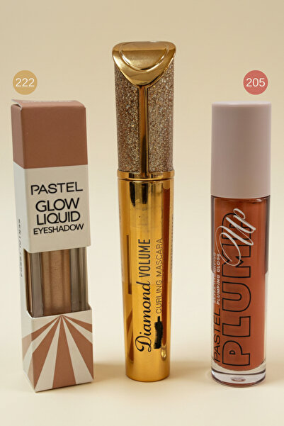 Pastel Kadın Kozmetik Likit Göz Farı Lip Gloss Maskara (Rimel) 3`lü Makyaj Seti