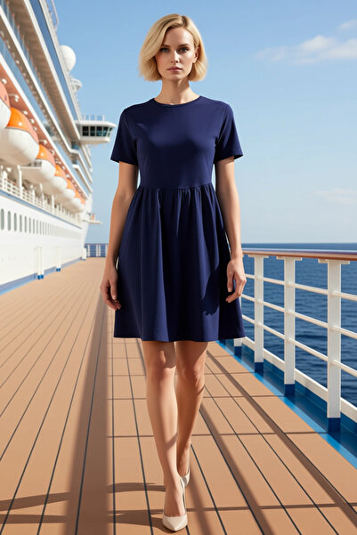 BENERLY Women's Crew Neck Short Sleeve Plain Mini Skater Fit Dress Functional...