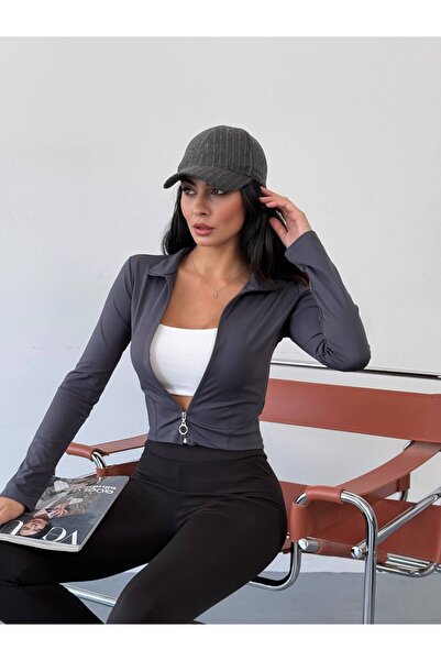 HEDEF DAİSY Women's Clothing Zipper Detail Finger Insert Long Sleeve Mock Nec...