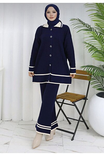 banessa Knitwear Polo Neck Buttoned Tunic Trousers Two-Piece Set
