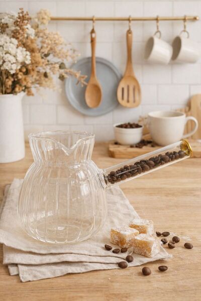 Evila Cam Cezve – Kahve Çekirdeği Detaylı Şeffaf Tasarım Isıya Dayanıklı Cam ...