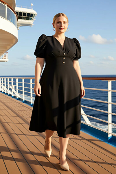 BENERLY Women's Plus Size V-Neck Balloon Sleeve Plain Woven Midi Dress Functi...