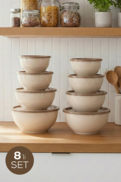 Vienev 8'li Yuvarlak Kase Seti Bej | 1l, 1.5l, 2.3l, 3.3l | Kapaklı Çok Amaçl...