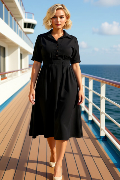 BENERLY Women's Plus Size Shirt Collar Short Sleeve Midi Woven Dress Aerobin ...