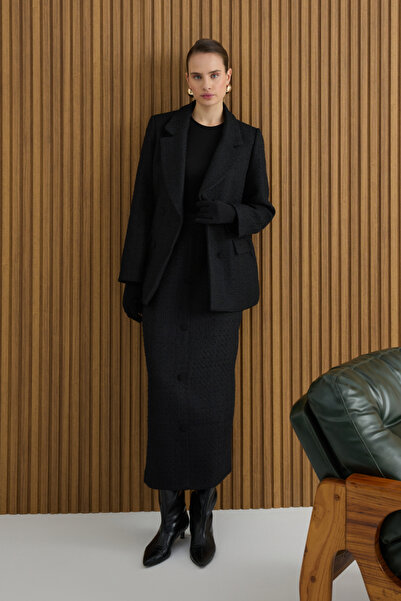 Aker Siyah Önden Düğmeli Tweed Kumaş Etek