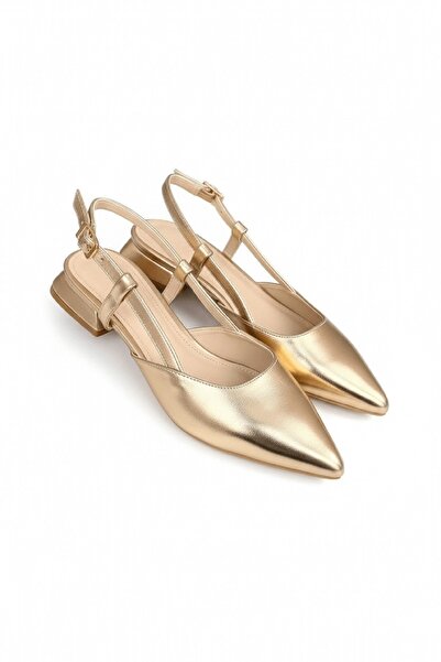 DURUNUN BUTİĞİ Lina Gold Wrinkled (3 cm Heeled) Pointed Toe Heeled Shoes