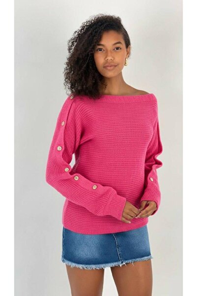 Miss Poem Women's Fuchsia Boat Neck Sleeve Accessory Buttoned Knitwear Sweater
