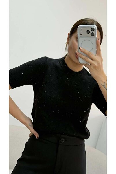 Ecenin Favorileri Black Sequin Short Sleeve Sweater