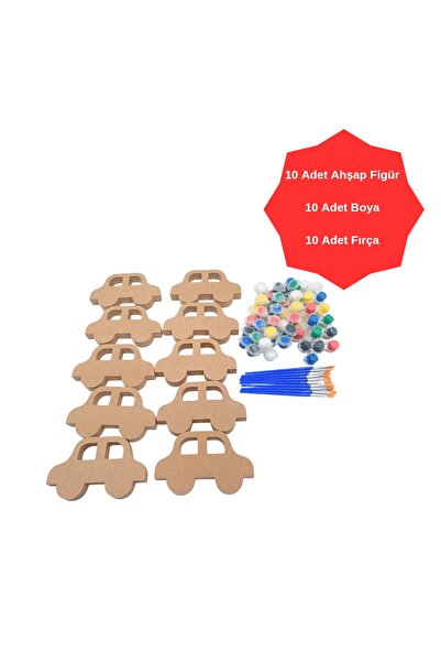 İCONS Ahşap boyama Seti 10 adet Araba Figürü Kalın Ahşap Çocuk Etkinlik seti ...