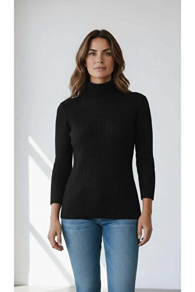 Miss Poem Women's Black Corded Fabric Turtleneck Slim Fit Knitwear Sweater