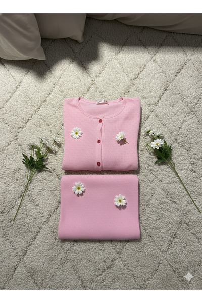 sleeproom Kadın Pembe Kalpli Fırfır Detaylı Düğmeli Pamuklu Pijama Takımı