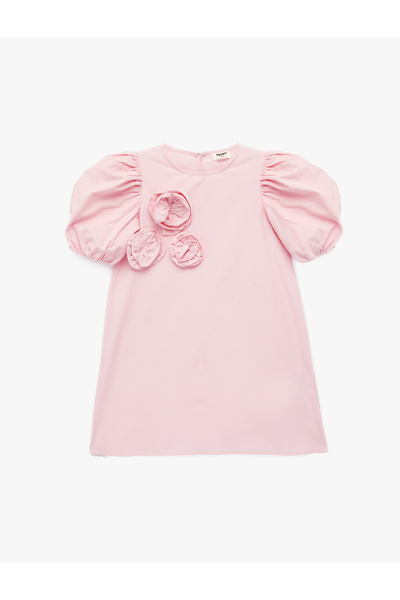 Koton Rochie din bumbac cu mâneci bufante scurte, cu detalii cu aplicații flo...