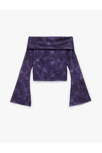 Koton Open Shoulder Long Sleeve Slim Fit Tie-Dye Pattern T-Shirt