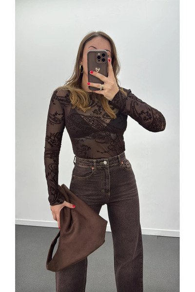 manana fashion Bluză transparentă maro amară cu model