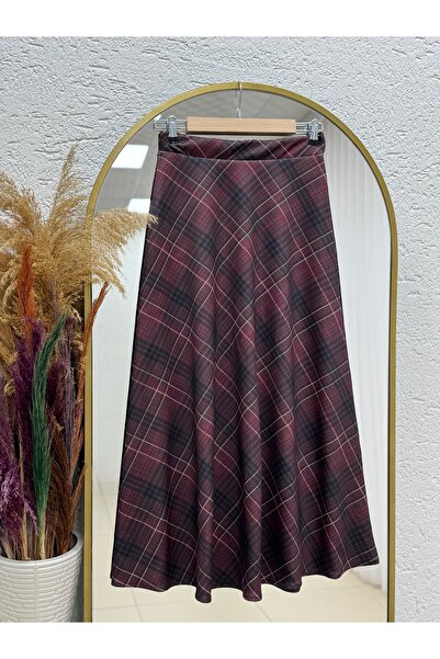 MİHRA STORE Fadya Plaid Skuba Diver Full Winter Skirt-Mt1288 Burgundy