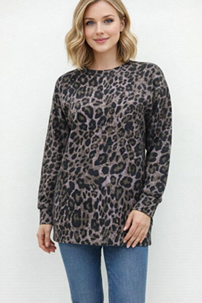 STYLENEST Women's Leopard Print Cotton Soft Textured Crew Neck Sweater