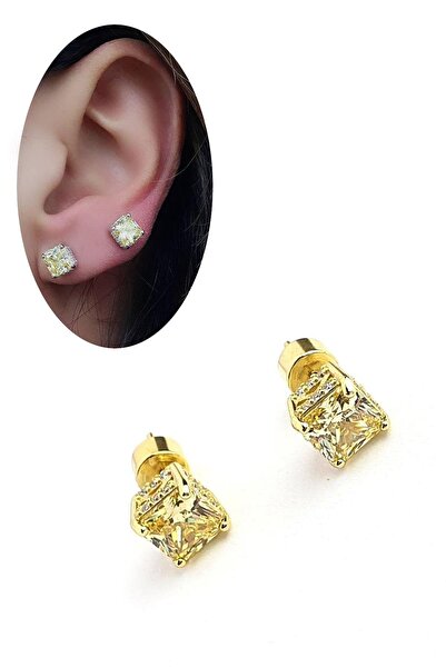 OSESHOP Sky Diamond Yellow Sitrin Taşlı 925ayar Gümüş Tek Taş Küpe 6x6mm