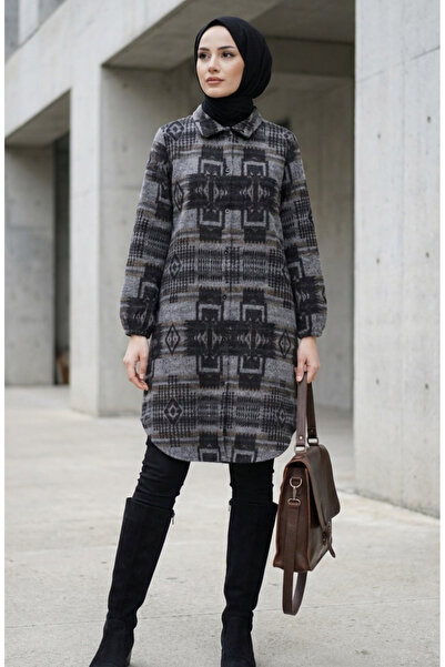 sefamerve Patterned Buttoned Lumberjack Winter Tunic 2503-05 Gray Light Brown