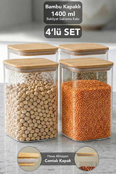 Meleni Home حاوية تخزين مربعة الشكل من أورا بغطاء من الخيزران - 1400 مل، حاوية طعام محكمة الغلق بغطاء مفرغ الهواء للحبوب والدقيق