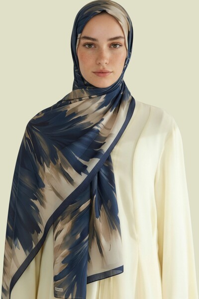 Karaca YAPRAK DESENLİ VİSKON ŞAL LACİVERT KREM