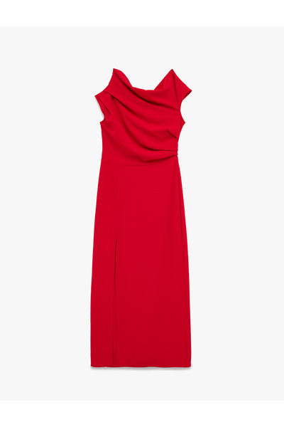 Koton One Shoulder Sleeveless Slit Detail Draped Midi Dress