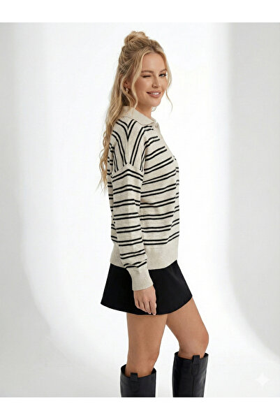 ribana Women's Striped Oversized Cut Polo Neck Trendy Knitwear Sweater 2594