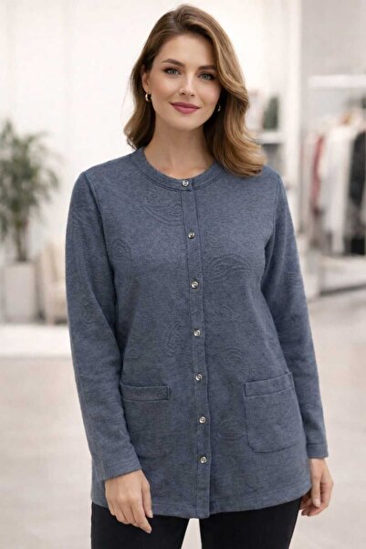 Uludağ Triko Жіночий сірий шарф з візерунком, комфортний кардиган з кишенями