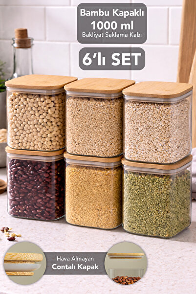 Meleni Home 6-Piece 1 Liter Bamboo Lid Aura Square Storage Container - Vacuum Lid Airtight Grain Food Container