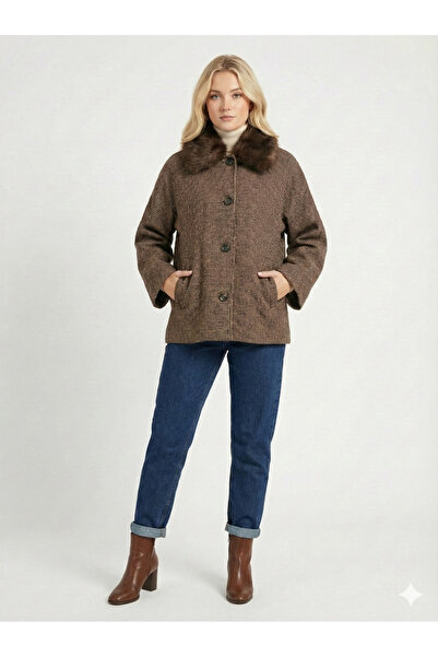 ribana Women's Fur Collar Patterned Draped Oversized Mold Jacket D99841