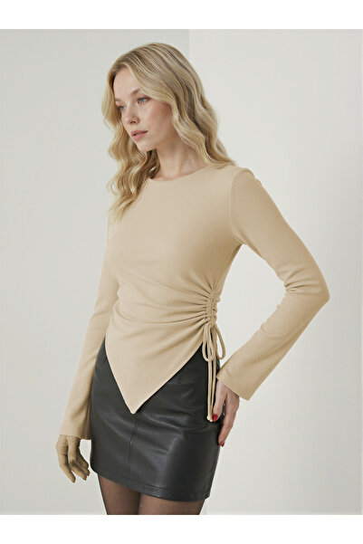 trendypassion Women's Beige Round Neck Drape Detailed Spanish Sleeve Hijab Compatible Blouse