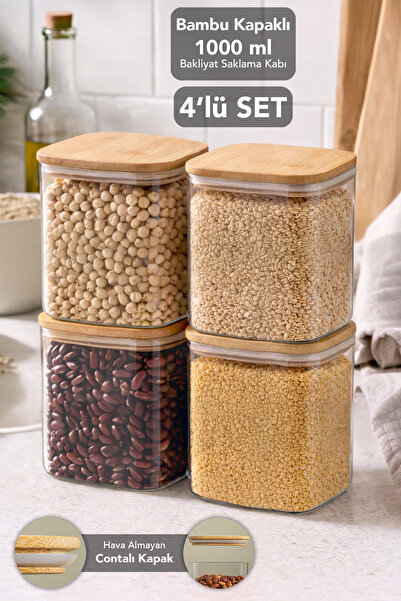 Meleni Home 4-Piece 1 Liter Bamboo Lid Aura Square Storage Container - Vacuum Lid Airtight Grain Food Container