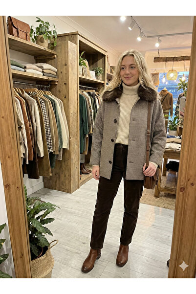 ribana Women's Fur Collar Patterned Draped Oversized Mold Jacket D99841