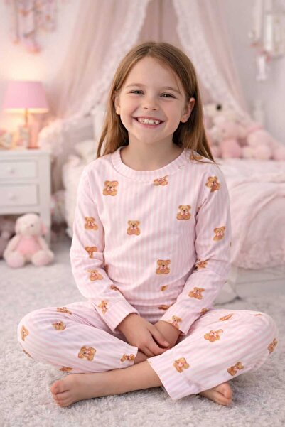 kidsense Pink and White Striped Teddy Bear Printed Girls' Pajama Set