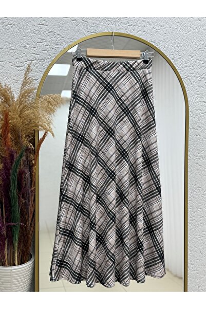 MİHRA STORE Fadya Plaid Skuba Diver Full Winter Skirt-Mt1288 Stone