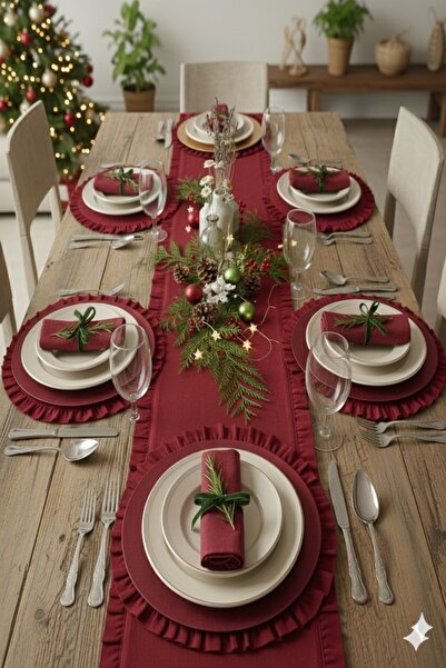 Le Touche Red Ruffle Runner and Placemat Set Tablecloth Set 7 Pieces 150X50