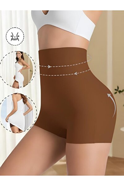 MİSTİRİK Gretola Model Laser Cut Non-Marking High Waist Short Boxer Briefs Coffee Color
