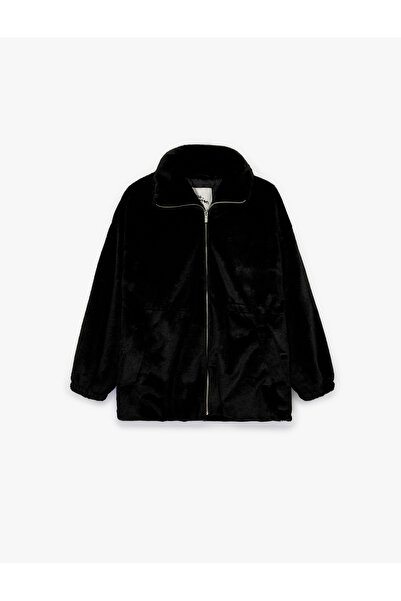 Koton Mock Neck Plush Jacket with Zipper Pocket Detail and Elastic Waist