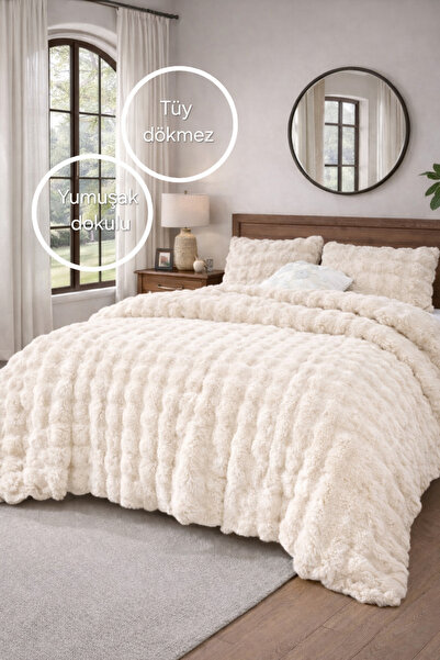 PEREN HOME Premium Tavşan Tüyü Peluş Çift Kişilik Yatak Örtüsü Seti Krem 240x...
