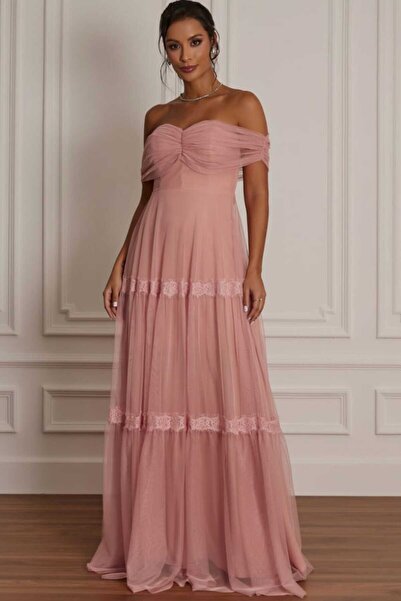 JustFab ✨Elegant Women’s Pink Off Shoulder Tulle Maxi Dress – Elegant Evening & Party Gown✨