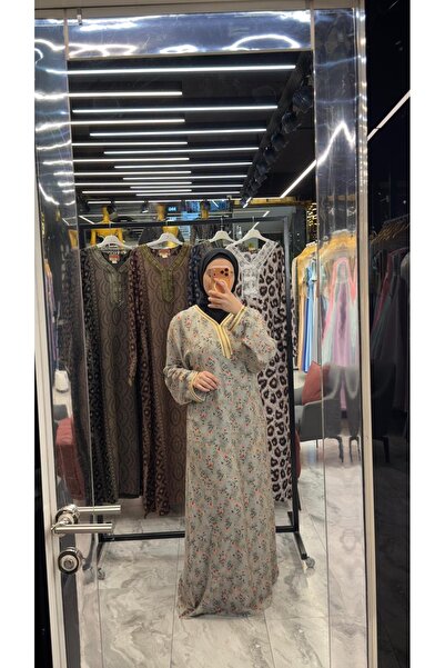 DADO BELLA Mint Yeşili Baskılı Yaka Nakış İşlemeli Tesettür Elbise