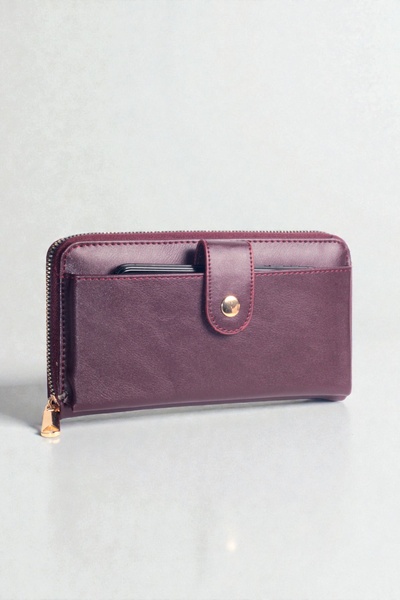 dericom محفظة نسائية متعددة الأقسام بسحاب باللون العنابي - تحتوي على جيب للها...