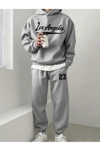 FUFLUNS طقم بدلة رياضية LOS ANGELES 23 مطبوعة للرجال/النساء بغطاء رأس مقاس كب...