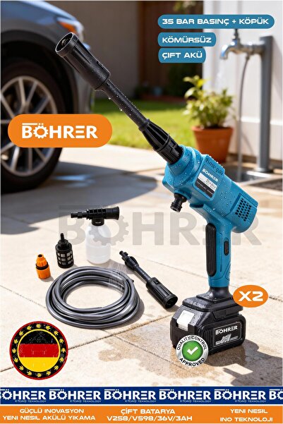 BÖHRER ALMAN PRO 35 BAR ÇİFT AKÜLÜ 36V 5AH YENİ NESİL ARAÇ OTO YIKAMA BAHÇE S...